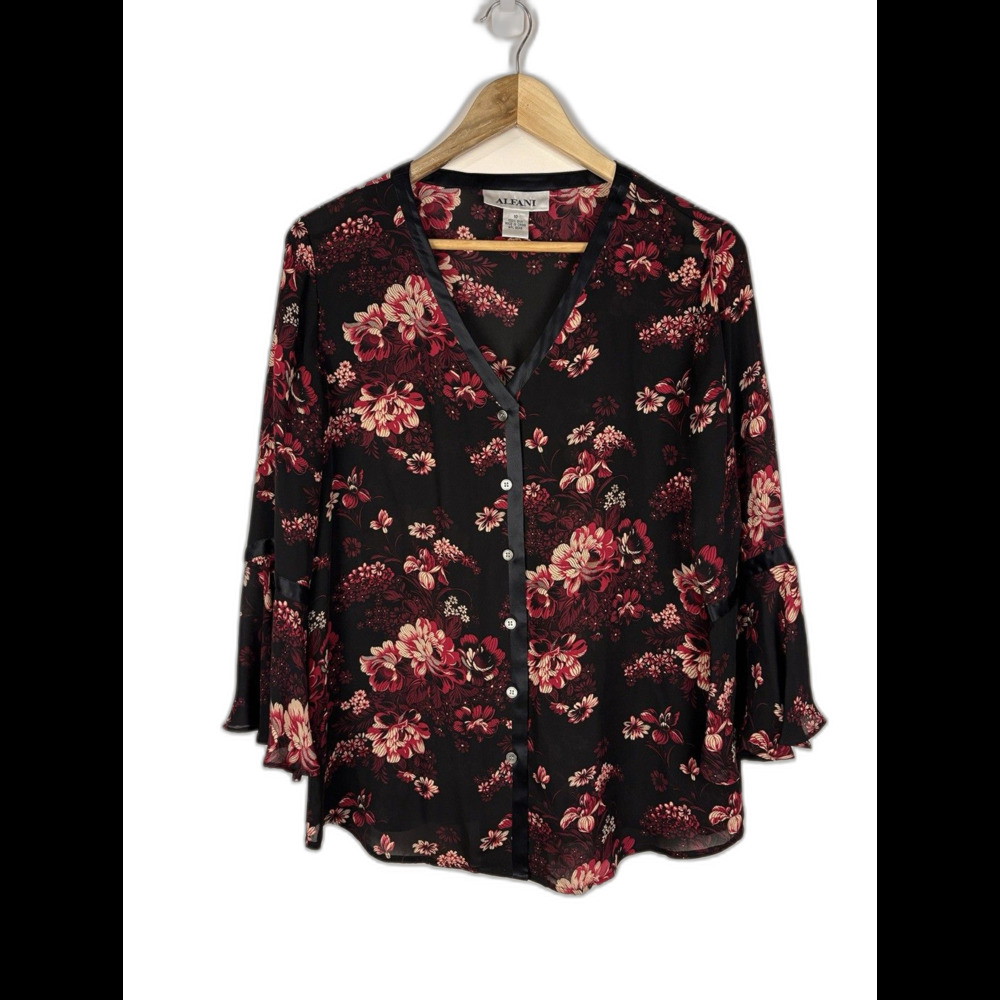 Vintage Black Floral 100% Silk Blouse Alfani Button Down Sheer Size 10 Romantic
